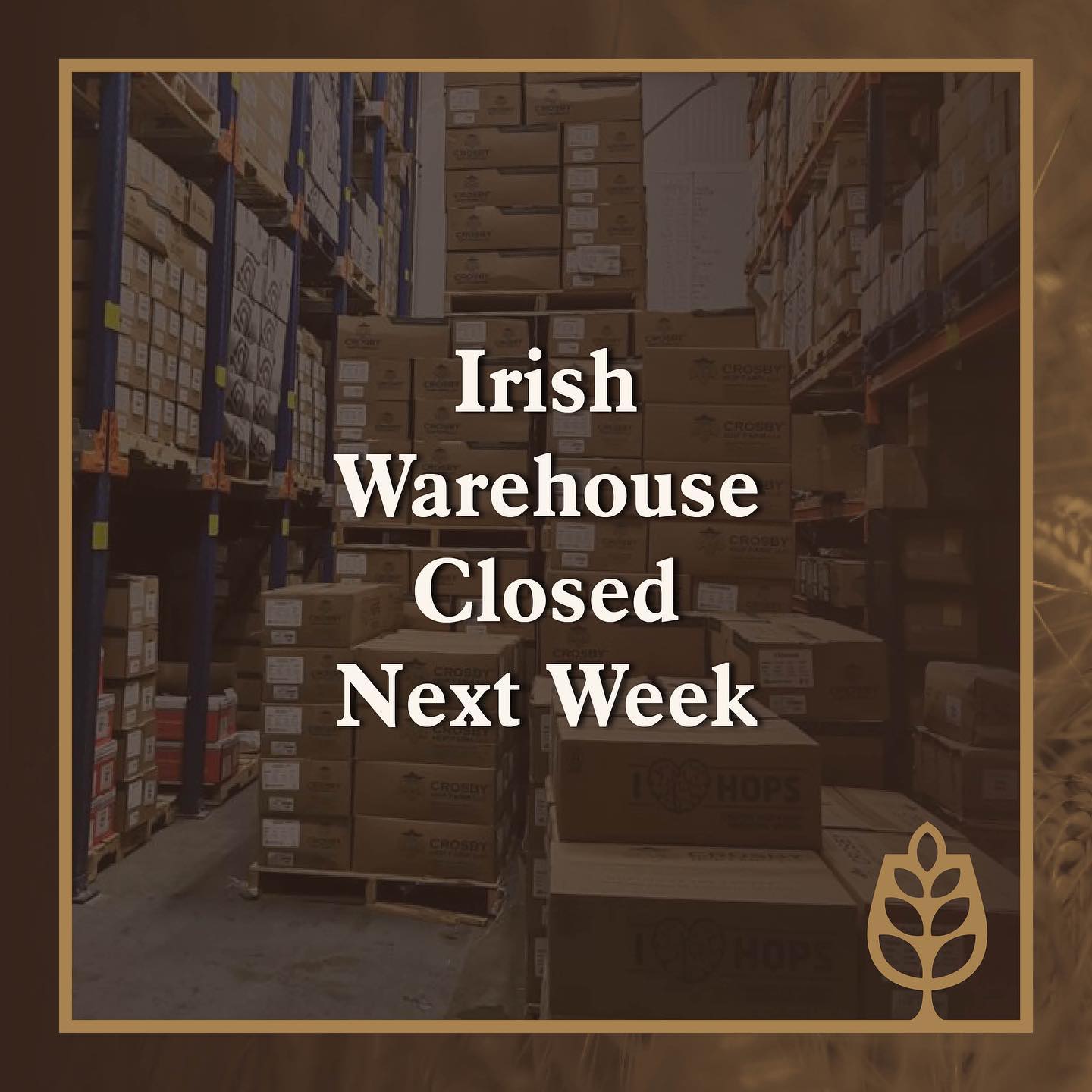 🇮🇪Irish Warehouse Closed For Holiday🇮🇪

We've had a busy few months over at our Irish warehouse and we're gearing up for what promises to be a very exciting summer!☀️ 

Our immensely hard working team in Ireland are going to be taking a well-earned holiday next week so our warehouse will be closed from Monday 4th July with normal service resuming on Monday 11th July. 

Our UK operations and deliveries will not be affected and all orders for UK customers will be processed as normal. 

Thank you for your understanding. We're sure you'd like to join us in saying a huge thank you to our warehouse team for getting you all the goods you need to brew great beer! We couldn't do it without them! 🍻